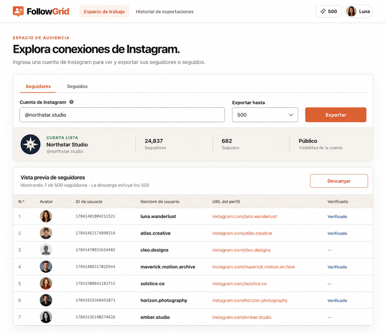 Espacio de trabajo de FollowGrid que muestra las pestañas Seguidores y Seguidos, el campo de cuenta de Instagram, el límite de exportación, la vista general de la cuenta Northstar Studio y una vista previa de siete filas de seguidores con detalles del perfil y un botón Descargar.