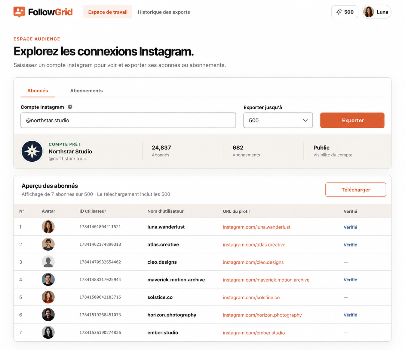 Espace de travail FollowGrid affichant les onglets Abonnés et Abonnements, le champ de compte Instagram, la limite d'export, l'aperçu du compte Northstar Studio et un aperçu de sept lignes d'abonnés avec les détails du profil et un bouton Télécharger.