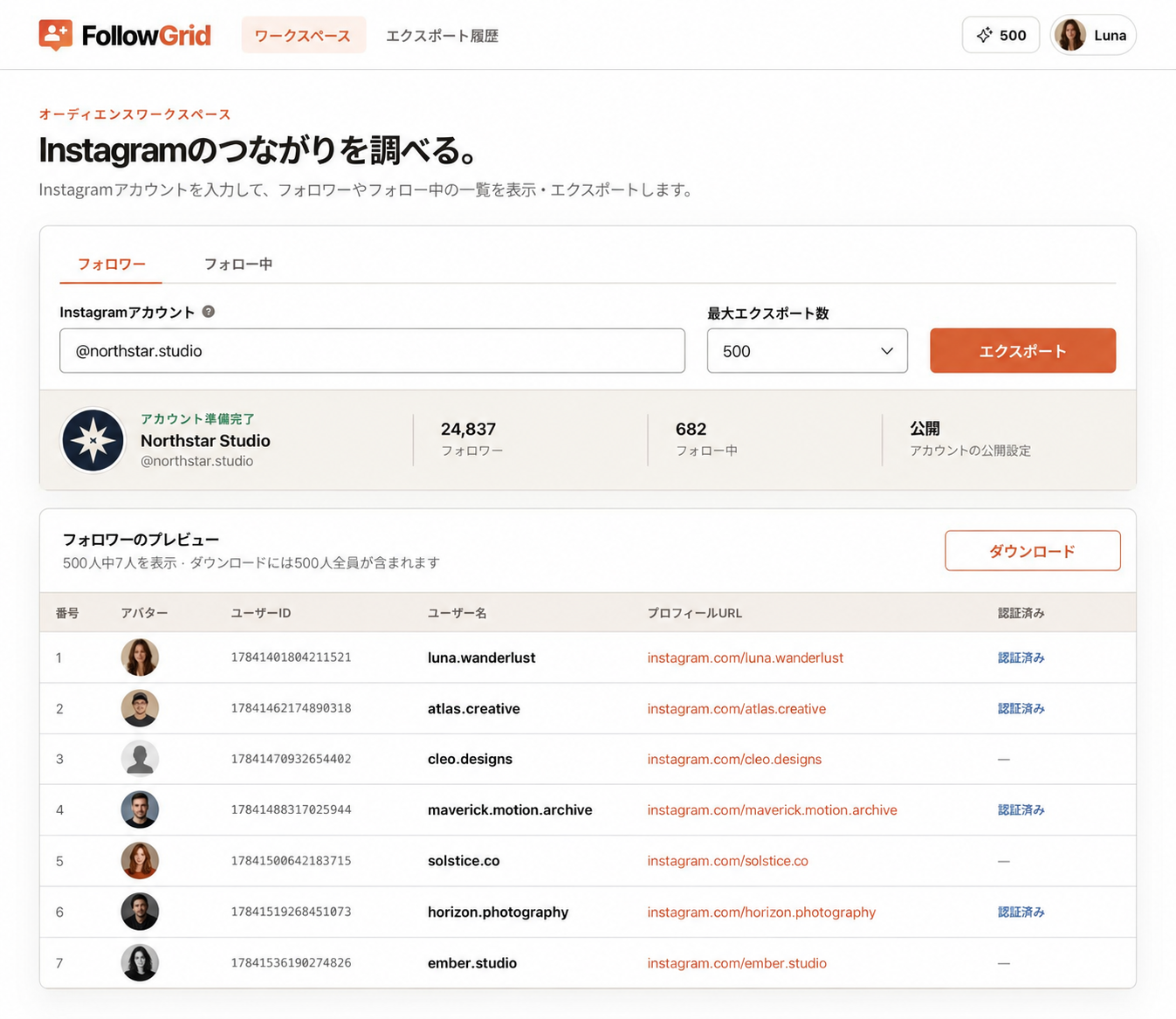 FollowGridワークスペース。フォロワーとフォロー中のタブ、Instagramアカウントの入力欄、エクスポート上限、Northstar Studioのアカウント概要、プロフィール詳細とダウンロードボタンを含む7行のフォロワープレビューを表示。