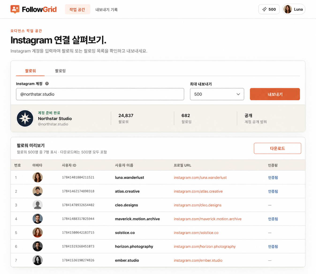 FollowGrid 워크스페이스: 팔로워 및 팔로잉 탭, Instagram 계정 입력, 내보내기 한도, Northstar Studio 계정 개요, 프로필 세부 정보와 다운로드 버튼이 있는 7개 행의 팔로워 미리보기를 보여줍니다.
